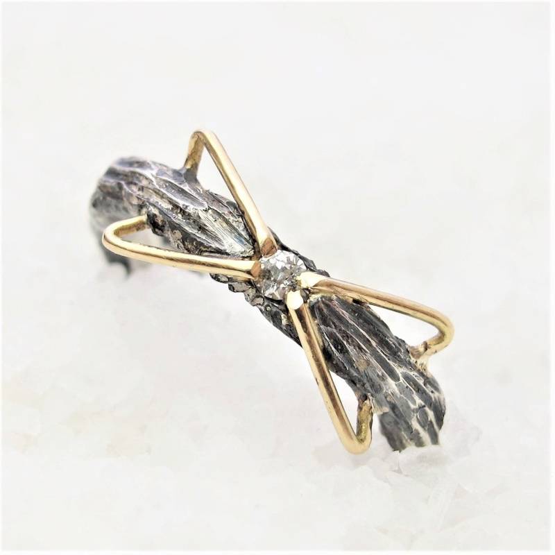 Rustikaler Oxidierter Silber-Gold-Diamant-Brautring, Ehering, Verlobungsring, Edelsteinring, Goldener Schleifenring von ArtecangiantE