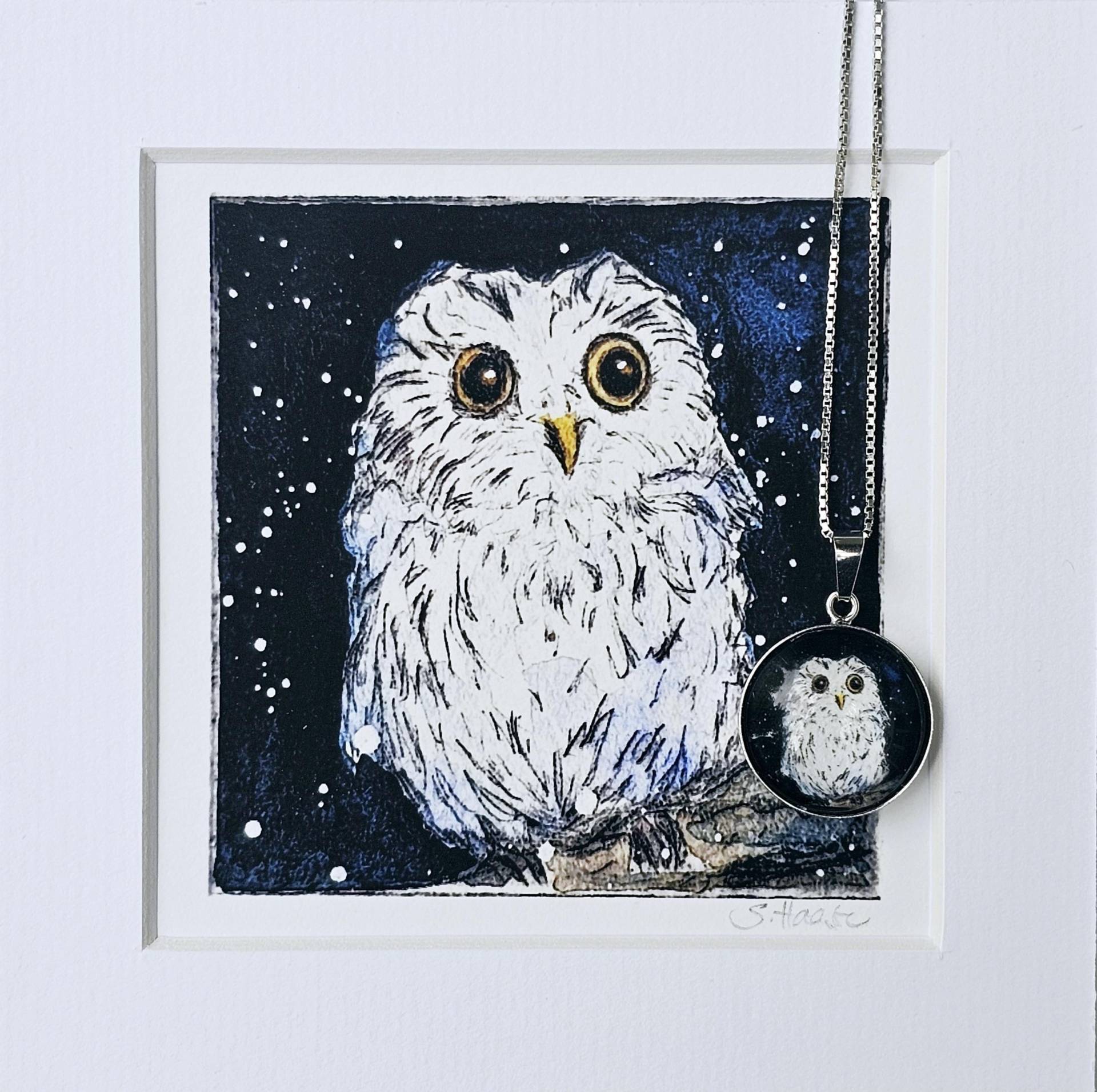 Schneeeule Weiße Eule Im Schnee Anhänger 925 Sterlingsilber Rhodiniert Nach Original Aquarell, Verschiedene Größen von Artelumi