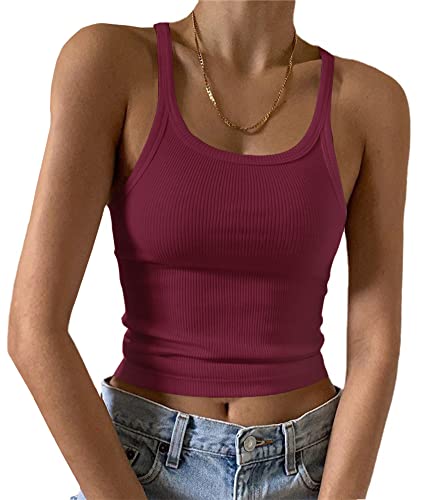 Artfish Ärmelloses Damen-Tanktop, figurbetont, U-Ausschnitt, gerippt, Basic-Cami-Shirts, 01#Short Burgundy Red, Klein von Artfish