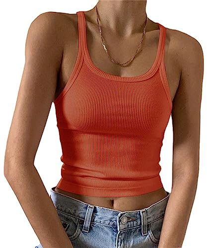 Artfish Ärmelloses Damen-Tanktop, figurbetont, U-Ausschnitt, gerippt, Basic-Cami-Shirts, 01#Short Orange, Mittel von Artfish