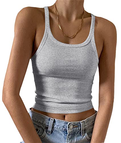 Artfish Ärmelloses Damen-Tanktop, figurbetont, U-Ausschnitt, gerippt, Basic-Cami-Shirts, 01#short Heather Grey, X-Klein von Artfish