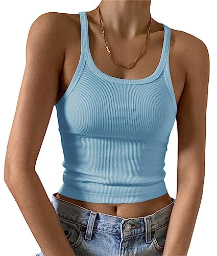 Artfish Ärmelloses Damen-Tanktop, figurbetont, U-Ausschnitt, gerippt, Basic-Cami-Shirts, 01#short hellblau, Mittel von Artfish