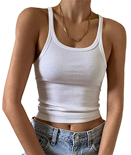 Artfish Ärmelloses Damen-Tanktop, figurbetont, U-Ausschnitt, gerippt, Basic-Cami-Shirts, 01#short weiß, Klein von Artfish