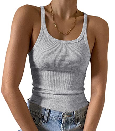 Artfish Ärmelloses Damen-Tanktop, figurbetont, U-Ausschnitt, gerippt, Basic-Cami-Shirts, 02# Full Length Heather Grey, Klein von Artfish