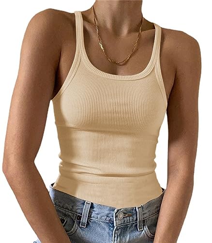 Artfish Ärmelloses Damen-Tanktop, figurbetont, U-Ausschnitt, gerippt, Basic-Cami-Shirts, 02# Khaki in voller Länge, X-Klein von Artfish