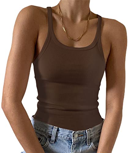 Artfish Ärmelloses Damen-Tanktop, figurbetont, U-Ausschnitt, gerippt, Basic-Cami-Shirts, 02# Mokkabraun in voller Länge, Klein von Artfish