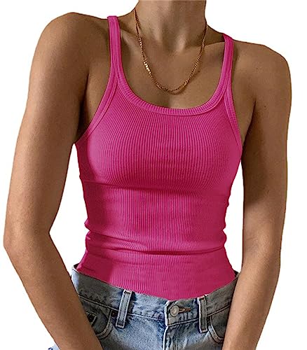 Artfish Ärmelloses Damen-Tanktop, figurbetont, U-Ausschnitt, gerippt, Basic-Cami-Shirts, 02# in voller Länge, Hot Pink, Klein von Artfish