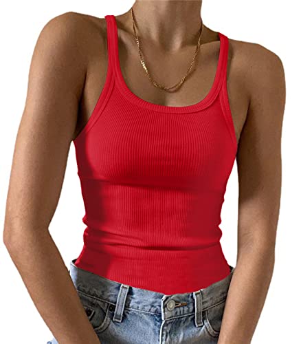 Artfish Ärmelloses Damen-Tanktop, figurbetont, U-Ausschnitt, gerippt, Basic-Cami-Shirts, 02# in voller Länge, helles Rot, X-Klein von Artfish