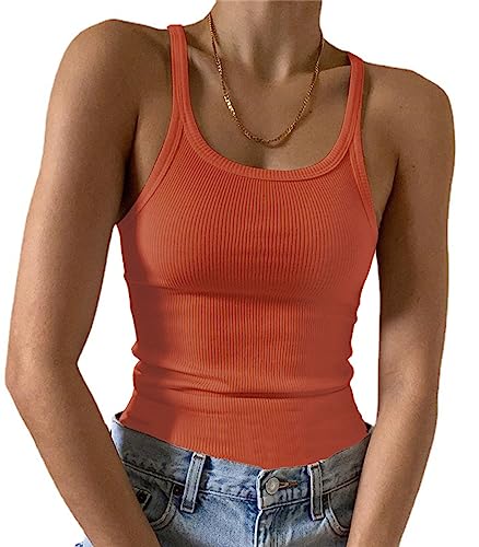 Artfish Ärmelloses Damen-Tanktop, figurbetont, U-Ausschnitt, gerippt, Basic-Cami-Shirts, 02# volle Länge, Orange, Mittel von Artfish