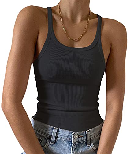 Artfish Ärmelloses Damen-Tanktop, figurbetont, U-Ausschnitt, gerippt, Basic-Cami-Shirts, 02# volle Länge, schwarz, Mittel von Artfish