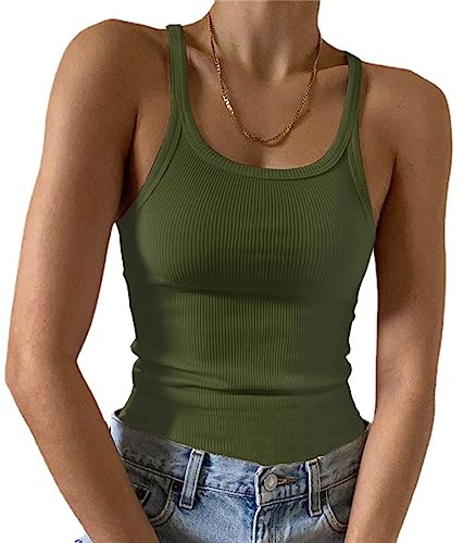 Artfish Ärmelloses Damen-Tanktop, figurbetont, U-Ausschnitt, gerippt, Basic-Cami-Shirts, 02# volle Länge Olivgrün, Klein von Artfish