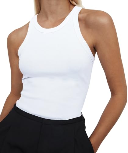 Artfish Ärmelloses Tanktop für Damen, volle Länge, Baumwolle, lässig, bequem, schmale Passform, gerippt, Racerback, Basic, Weiß, Groß von Artfish