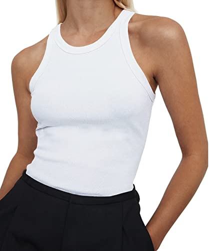 Artfish Ärmelloses Tanktop für Damen, volle Länge, Baumwolle, lässig, bequem, schmale Passform, gerippt, Racerback, Basic, Weiß, Klein von Artfish