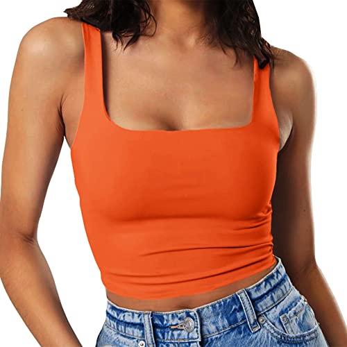 Artfish Damen Ärmellos Riemchen Tank Quadratischer Ausschnitt Doppelschicht Workout Fitness Casual Basic Crop Tops, dunkelorange, Mittel von Artfish