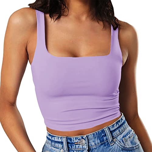 Artfish Damen Ärmellos Riemchen Tank Quadratischer Ausschnitt Doppelschicht Workout Fitness Casual Basic Crop Tops, violett, Groß von Artfish