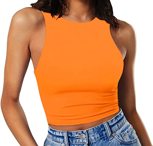 Artfish Damen Ärmelloses Crop-Shirts, hoher Ausschnitt, dehnbar, tailliert, Basic Crop Tank Top, Orange, Groß Artfish Damen Ärmelloses Crop-Shirts, hoher Ausschnitt, dehnbar, tailliert, Basic Crop Tank Top, Orange, Groß von Artfish