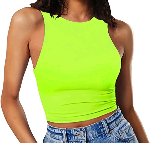 Artfish Damen Ärmelloses Crop-Shirts, hoher Ausschnitt, dehnbar, tailliert, Basic Crop Tank Top, neon green, Groß von Artfish