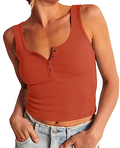 Artfish Damen Ärmelloses Hemd Gerippt Tailliert U-Ausschnitt Basic Lang Crop Tank Top Knöpfe Henley, 02# Orange, X-Klein Artfish Damen Ärmelloses Hemd Gerippt Tailliert U-Ausschnitt Basic Lang Crop Tank Top Knöpfe Henley, 02# Orange, X-Klein von Artfish