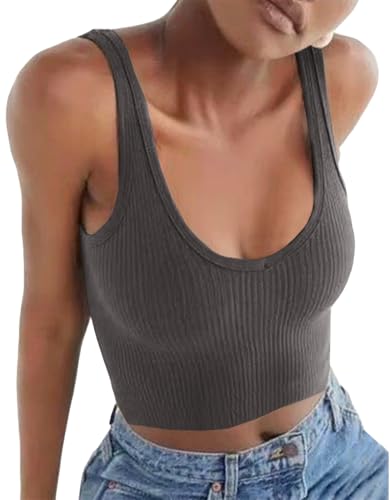 Artfish Damen Ärmelloses Shirt Gerippt Tailliert U-Ausschnitt Basic Crop Tank Top Cropped, 02#Dark Grey, Groß von Artfish