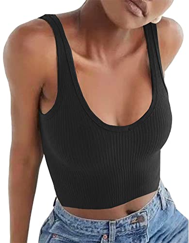 Artfish Damen Ärmelloses Shirt Gerippt Tailliert U-Ausschnitt Basic Crop Tank Top Cropped, 02#Schwarz, X-Klein von Artfish