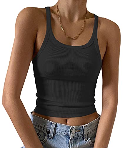 Artfish Ärmelloses Damen-Tanktop, figurbetont, U-Ausschnitt, gerippt, Basic-Cami-Shirts, 01#short schwarz, Groß von Artfish