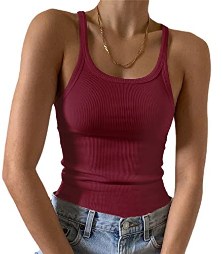 Artfish Damen Ärmelloses Tank Top Form Passform U-Ausschnitt Rippstrick Basic Cami Shirts, 02# Burgunderrot, Mittel von Artfish