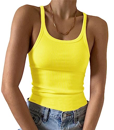 Artfish Damen Ärmelloses Tank Top Form Passform U-Ausschnitt Rippstrick Basic Cami Shirts, 02# Leuchtgelb, X-Klein von Artfish