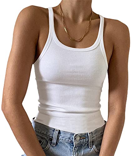 Artfish Damen Ärmelloses Tank Top Form Passform U-Ausschnitt Rippstrick Basic Cami Shirts, 02# Weiß, Mittel von Artfish