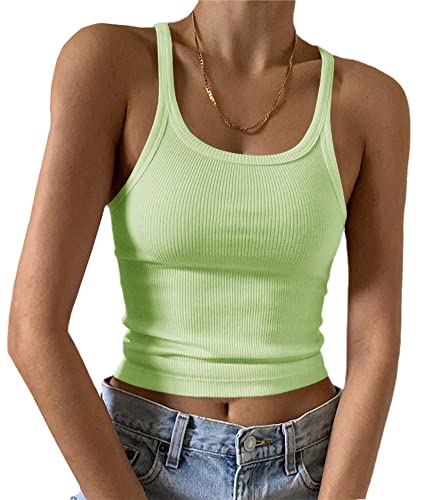 Artfish Damen Ärmelloses Tanktop Form Fitting U-Ausschnitt Rippstrick Basic Cami Shirts, 01#short Lime Green, Klein von Artfish