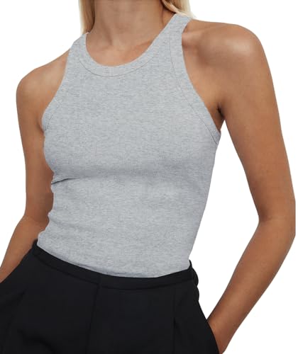 Artfish Damen-Tanktop, ärmellos, volle Länge, Baumwolle, gerippt, Racerback, Rundhalsausschnitt, hoher Halsausschnitt, Meliert, Grau, Klein von Artfish