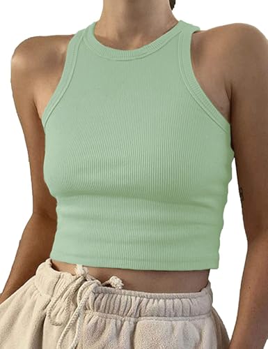 Artfish Damen Casual Basic Ärmellos High Neck Rippstrick Y2k Crop Tank Top, 01#light Green, X-Klein von Artfish