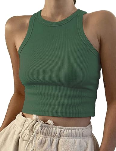 Artfish Damen Casual Basic Ärmelloses High Neck Rippstrick Y2k Crop Tank Top, 01# Dunkelgrün, Klein von Artfish