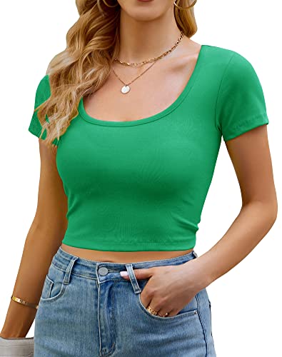 Artfish Damen Casual Kurzarm U-Ausschnitt Tailliertes Workout Basic Crop Top Teen T-Shirts, Kelly, grün, X-Klein von Artfish