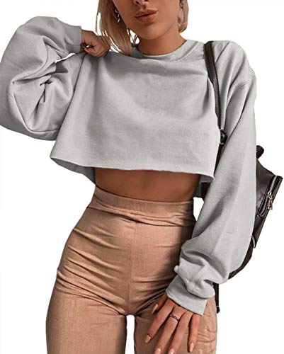 Artfish Damen Crewneck Langarm Crop Tops Workout Casual Pullover Lose Sweatshirts - Grau - X-Small Artfish Damen Crewneck Langarm Crop Tops Workout Casual Pullover Lose Sweatshirts - Grau - X-Small von Artfish