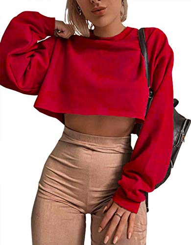 Artfish Damen Crewneck Langarm Crop Tops Workout Casual Pullover Lose Sweatshirts - Rot - Medium von Artfish