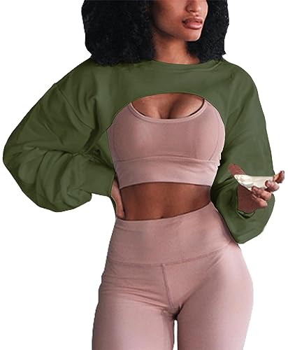 Artfish Damen Crewneck Langarm Crop Tops Workout Gym Casual Cut Out Loose Crop Sweatshirt, armee-grün, X-Small von Artfish