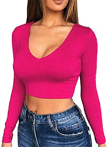 Artfish Damen Langarm V-Ausschnitt Crop Top Sexy Slim Fitted Shirt Neon Hot Pink S von Artfish