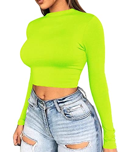 Artfish Damen Langarmshirt Stretchy Crop Top Sexy Slim Fitted Fleece Gefüttert Cropped Shirts, 01#neon Green, Klein von Artfish