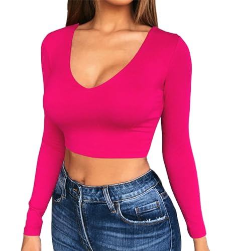 Artfish Damen Langarmshirt Stretchy Crop Top Sexy Slim Fitted Fleece Gefüttert Cropped Shirts, 04#Hot Pink, Mittel von Artfish