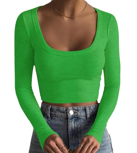 Artfish Damen Quadratischer Ausschnitt Langarm Gerippt Slim Fitted Casual Basic Crop Top, kelly green, X-Groß von Artfish