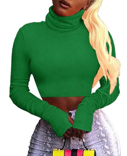 Artfish Damen Rollkragenpullover, langärmelig, neonfarben, gerippt, halb eng geschnitten, Pullover - Grün - Klein von Artfish