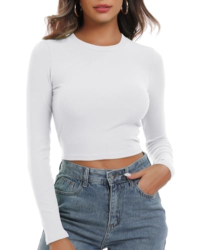 Artfish Damen Rundhals Langarm Strick Gerippt Tailliert Crop Top Casual Basic Shirts, Weiss/opulenter Garten, Mittel von Artfish