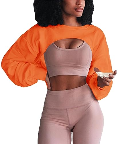 Artfish Damen Rundhalsausschnitt Langarm Crop Tops Workout Gym Casual Cut-Out Lose Cropped Sweatshirts, Orange/Abendrot im Zickzackmuster (Sunset Chevron), XS von Artfish