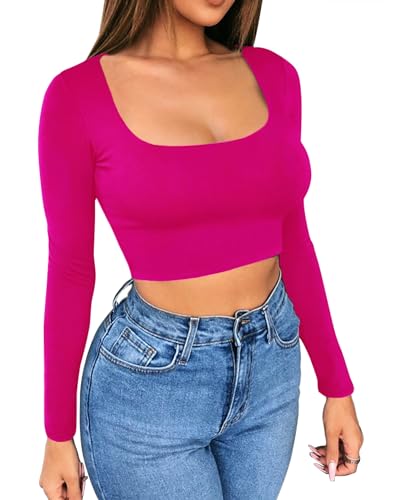 Artfish Damen Sexy Crop-Shirts, Langarm, quadratischer Ausschnitt, schmal geschnitten, lässig, Basic Crop Top, hot pink, Mittel von Artfish