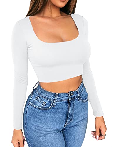 Artfish Damen Sexy Cropped-Hemden, langärmelig, quadratisch, U-Ausschnitt, tailliertes Basic-Top, Weiss/opulenter Garten, Klein von Artfish