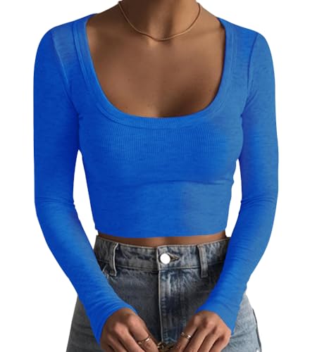 Artfish Damen Square Neck Langarm Gerippt Slim Fitted Casual Basic Crop Top, Königsblau, X-Groß von Artfish