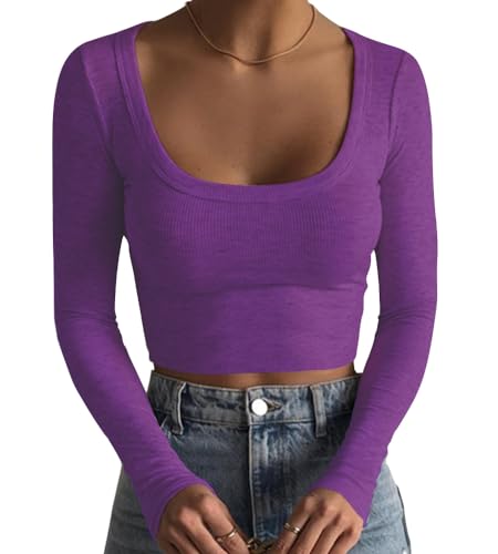 Artfish Damen Square Neck Langarm Gerippt Slim Fitted Casual Basic Crop Top, Violett, X-Groß von Artfish