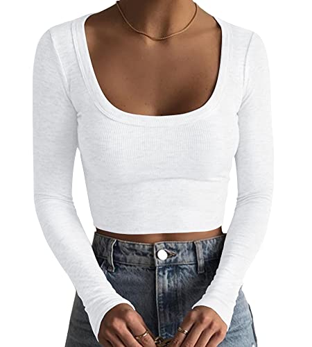 Artfish Damen Square Neck Langarm Gerippt Slim Fitted Casual Basic Crop Top, Weiß, Groß von Artfish