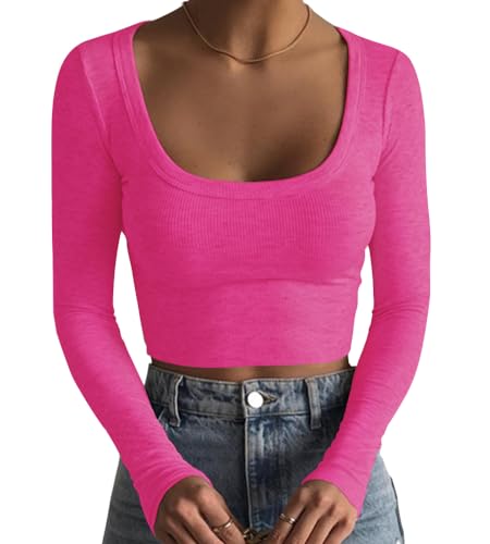 Artfish Damen Square Neck Langarm Gerippt Slim Fitted Casual Basic Crop Top, Hot Pink, Klein von Artfish