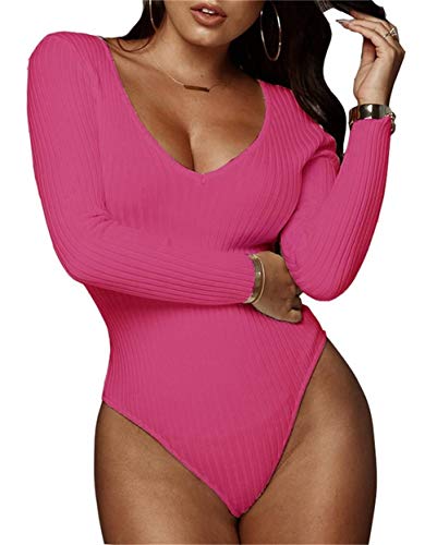 Artfish Sexy gerippter Damen-Body mit V-Ausschnitt und langen Ärmeln, hot pink, 46 von Artfish